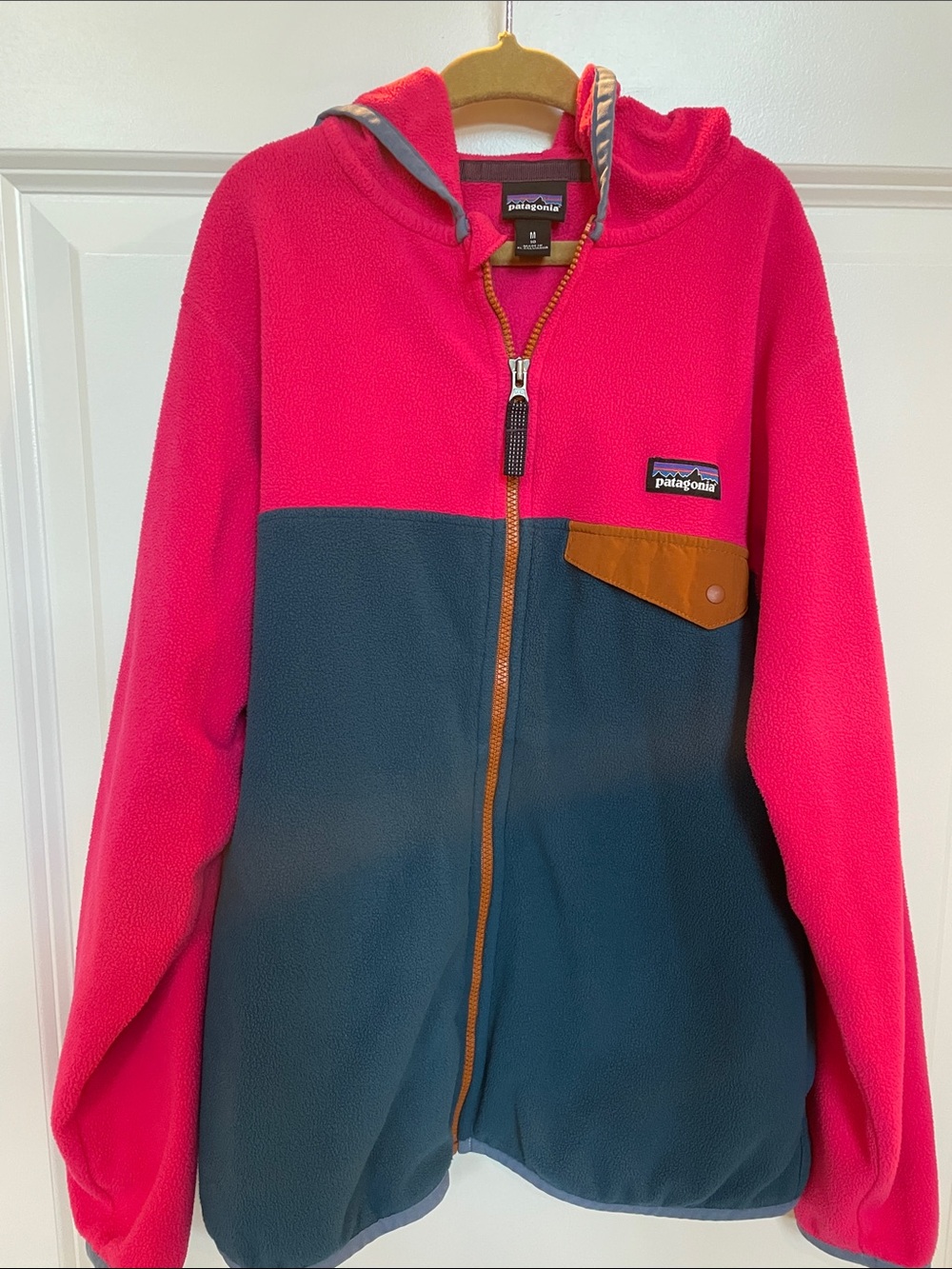 Patagonia Kids Hooded Fleece Jacket - Hot Pink & Teal with Brown Accent